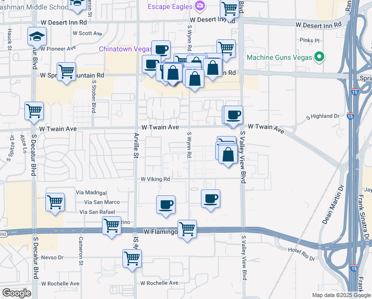 map of restaurants, bars, coffee shops, grocery stores, and more near 4123 Mississippi Avenue in Las Vegas