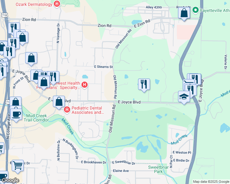 map of restaurants, bars, coffee shops, grocery stores, and more near 3800-3974 North Old Missouri Road in Fayetteville