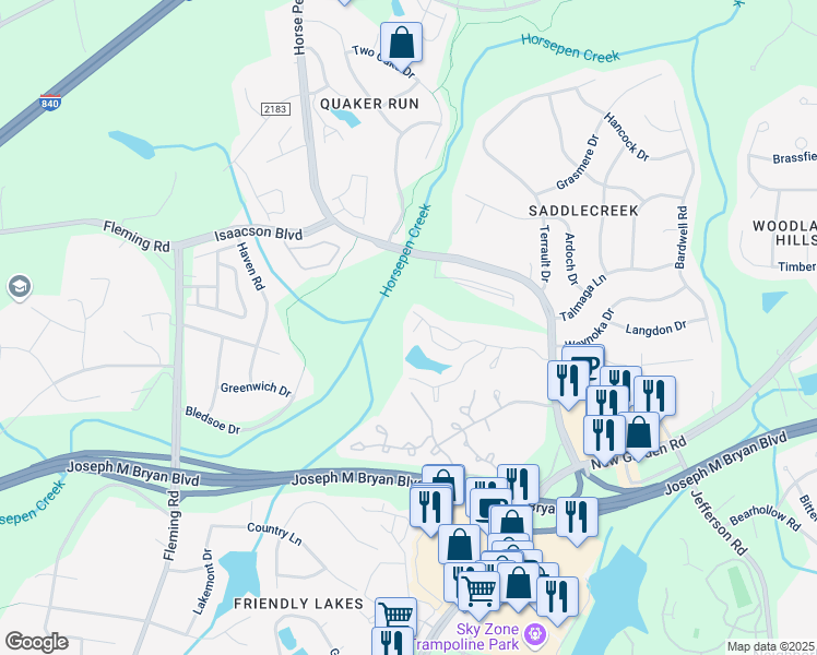 map of restaurants, bars, coffee shops, grocery stores, and more near 2803 Waters Edge Lane in Greensboro