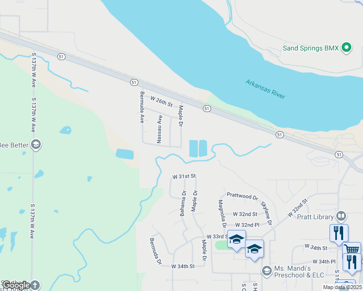 map of restaurants, bars, coffee shops, grocery stores, and more near 8125 Maple Drive in Sand Springs
