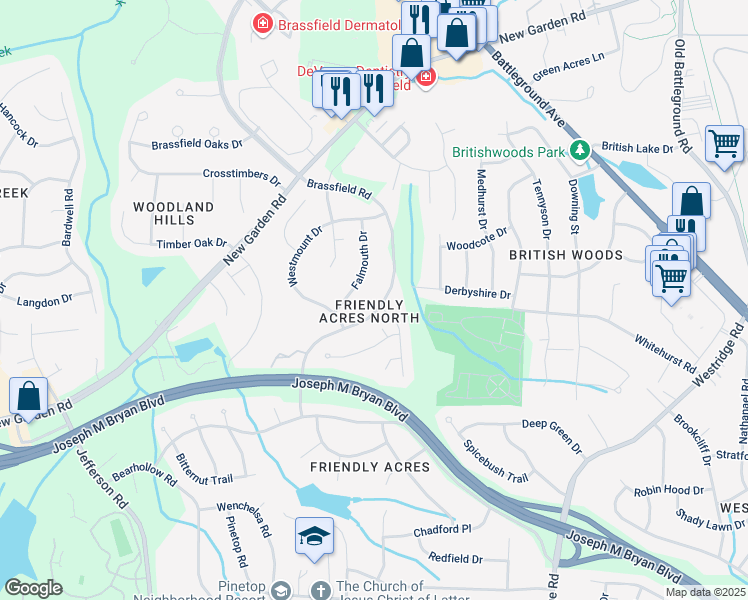 map of restaurants, bars, coffee shops, grocery stores, and more near 2005 Brassfield Road in Greensboro