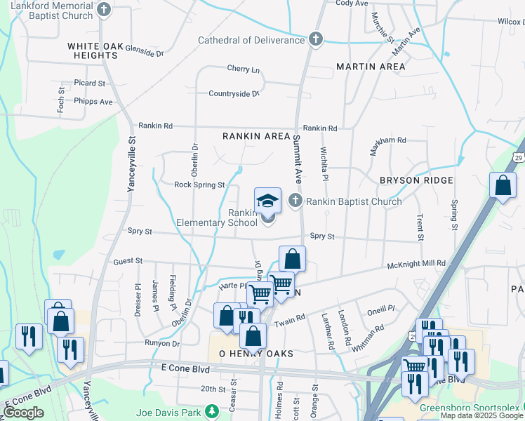 map of restaurants, bars, coffee shops, grocery stores, and more near 3301 Summit Avenue in Greensboro