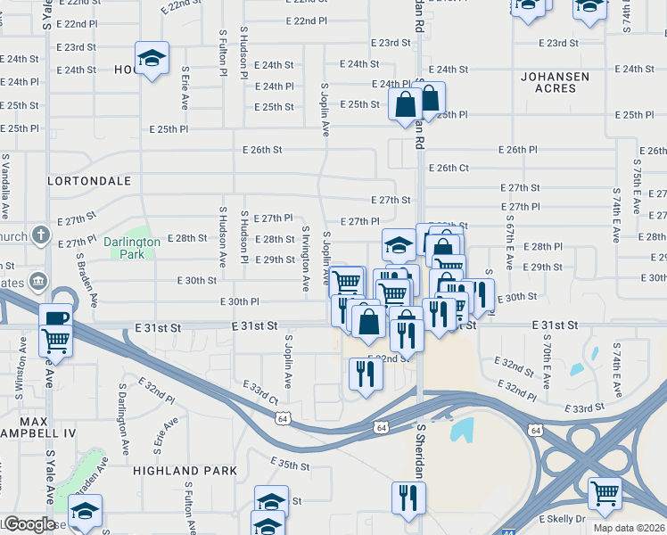 map of restaurants, bars, coffee shops, grocery stores, and more near 5915 East 30th Street in Tulsa