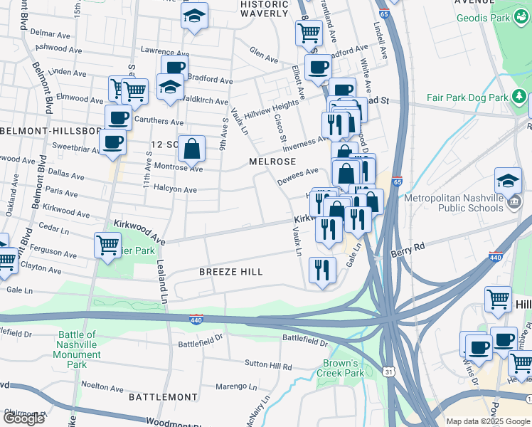 map of restaurants, bars, coffee shops, grocery stores, and more near 2816 West Kirkwood Avenue in Nashville