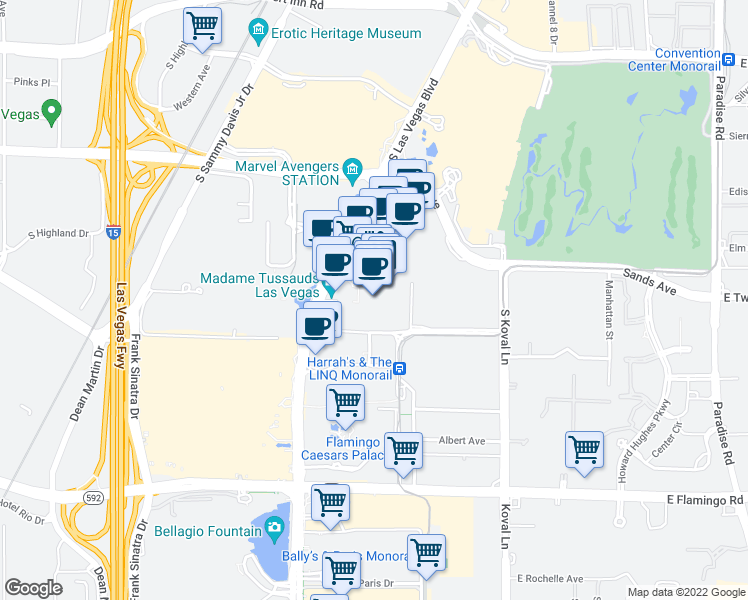 map of restaurants, bars, coffee shops, grocery stores, and more near 3355 South Las Vegas Boulevard in Las Vegas