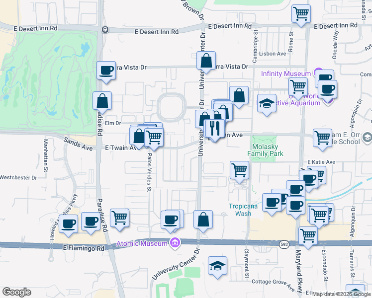 map of restaurants, bars, coffee shops, grocery stores, and more near 728 East Twain Avenue in Las Vegas
