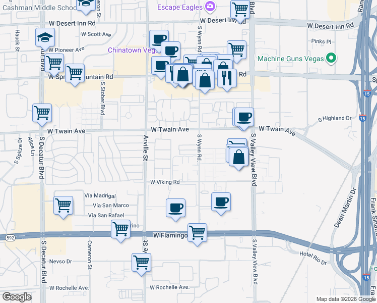 map of restaurants, bars, coffee shops, grocery stores, and more near 4170 Mississippi Avenue in Las Vegas