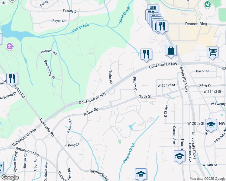 map of restaurants, bars, coffee shops, grocery stores, and more near 2635 Grosvenor Place in Winston-Salem