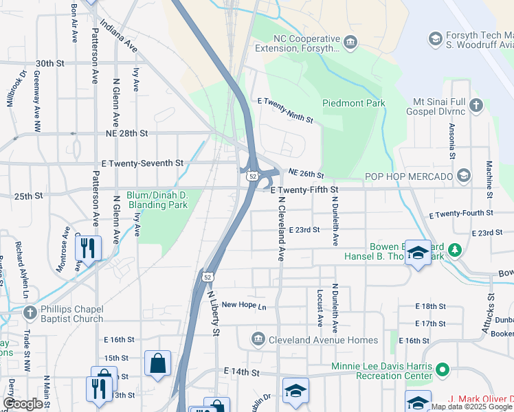 map of restaurants, bars, coffee shops, grocery stores, and more near 1101 24th Street Northeast in Winston-Salem
