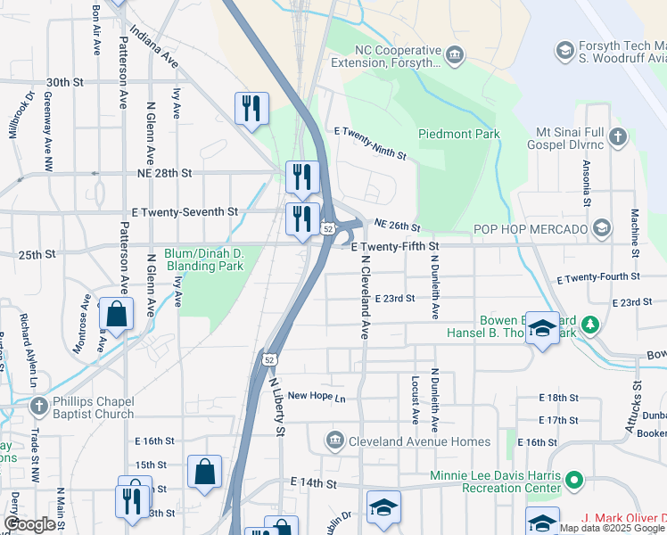 map of restaurants, bars, coffee shops, grocery stores, and more near 1101 24th Street Northeast in Winston-Salem