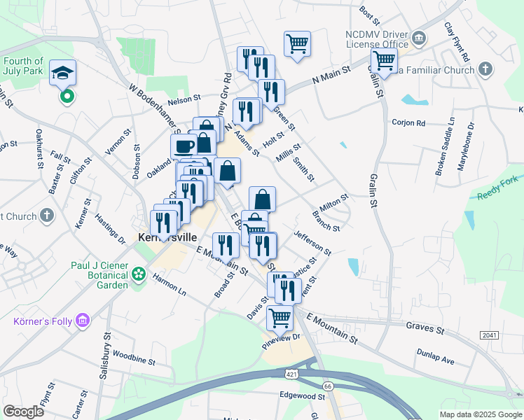 map of restaurants, bars, coffee shops, grocery stores, and more near 218 Bass Street in Kernersville