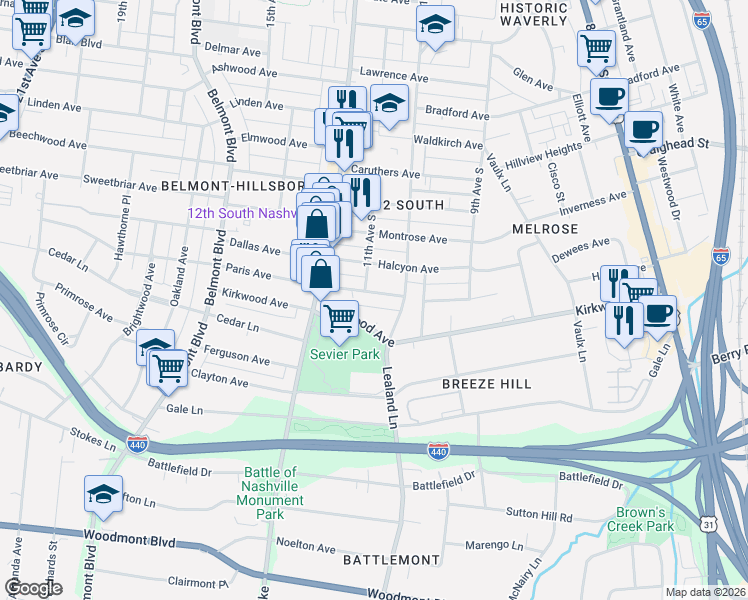 map of restaurants, bars, coffee shops, grocery stores, and more near 1100 Paris Avenue in Nashville