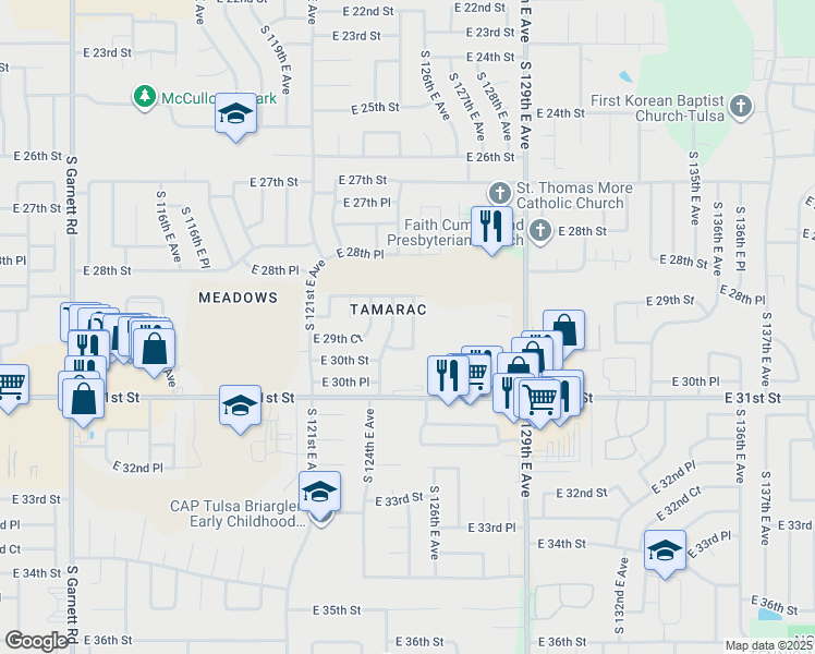 map of restaurants, bars, coffee shops, grocery stores, and more near 2918 South 125th East Avenue in Tulsa
