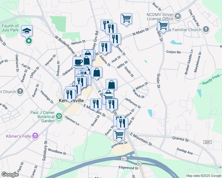 map of restaurants, bars, coffee shops, grocery stores, and more near 218 Bass Street in Kernersville