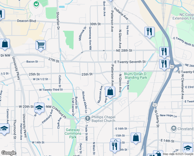 map of restaurants, bars, coffee shops, grocery stores, and more near 2413 Greenway Avenue Northwest in Winston-Salem