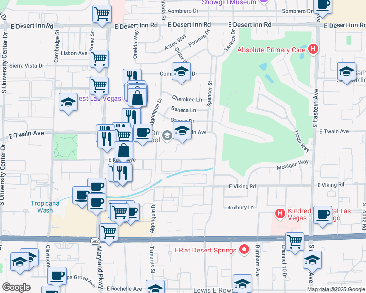 map of restaurants, bars, coffee shops, grocery stores, and more near 1562 East Katie Avenue in Las Vegas