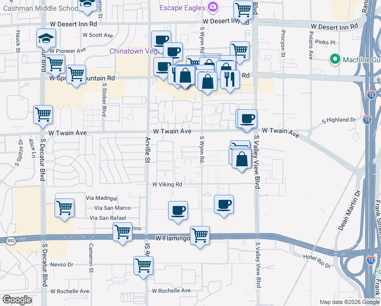 map of restaurants, bars, coffee shops, grocery stores, and more near 4170 Mississippi Avenue in Las Vegas