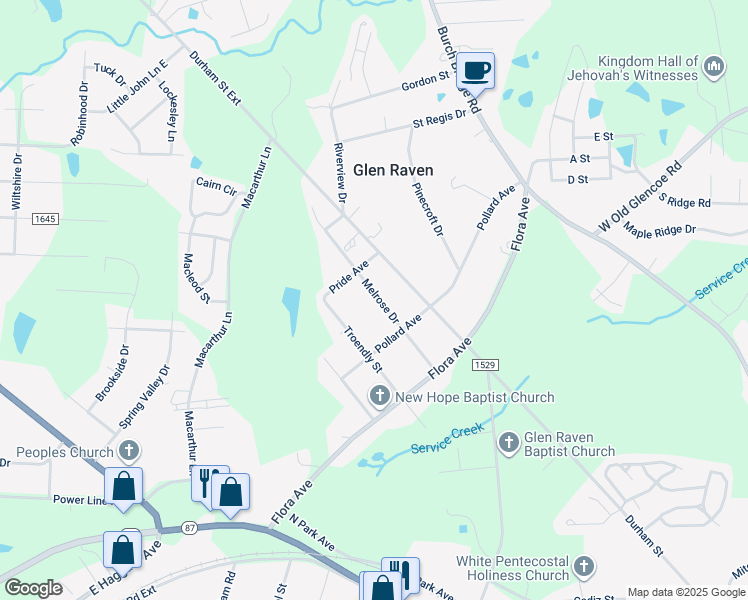 map of restaurants, bars, coffee shops, grocery stores, and more near 2254 Melrose Drive in Burlington