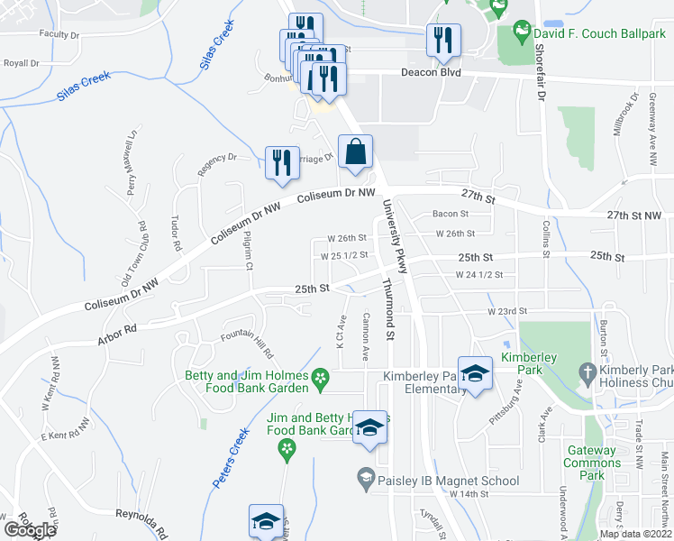 map of restaurants, bars, coffee shops, grocery stores, and more near 2515 Amhurst Street in Winston-Salem