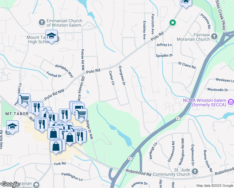 map of restaurants, bars, coffee shops, grocery stores, and more near 78 Carter Circle in Winston-Salem