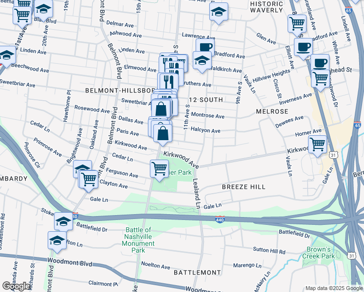 map of restaurants, bars, coffee shops, grocery stores, and more near 1100 Paris Avenue in Nashville