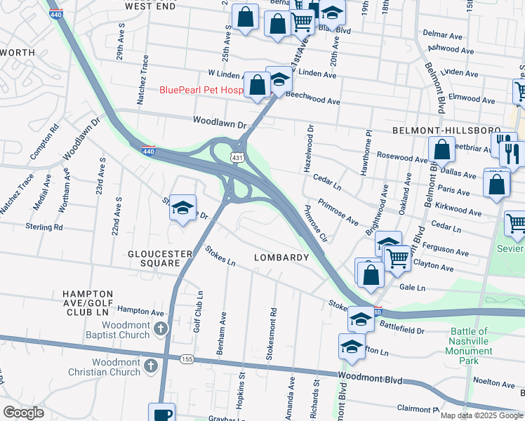 map of restaurants, bars, coffee shops, grocery stores, and more near 259 Hillsboro Place in Nashville