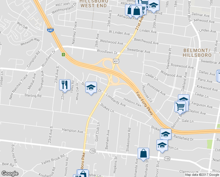 map of restaurants, bars, coffee shops, grocery stores, and more near 134 Hillsboro Place in Nashville