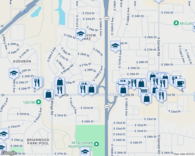 map of restaurants, bars, coffee shops, grocery stores, and more near 2731 South 104th East Avenue in Tulsa