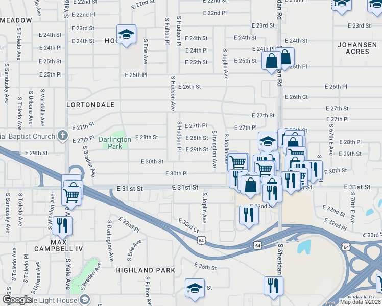 map of restaurants, bars, coffee shops, grocery stores, and more near 5745 East 29th Street in Tulsa