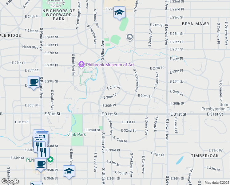 map of restaurants, bars, coffee shops, grocery stores, and more near 1744 East 29th Street in Tulsa