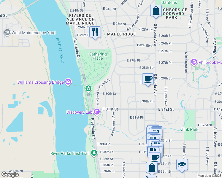 map of restaurants, bars, coffee shops, grocery stores, and more near 2948 South Cincinnati Avenue in Tulsa