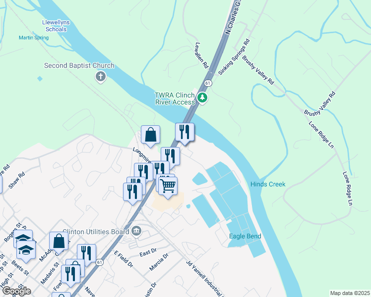 map of restaurants, bars, coffee shops, grocery stores, and more near 1115 North Charles G Seivers Boulevard in Clinton