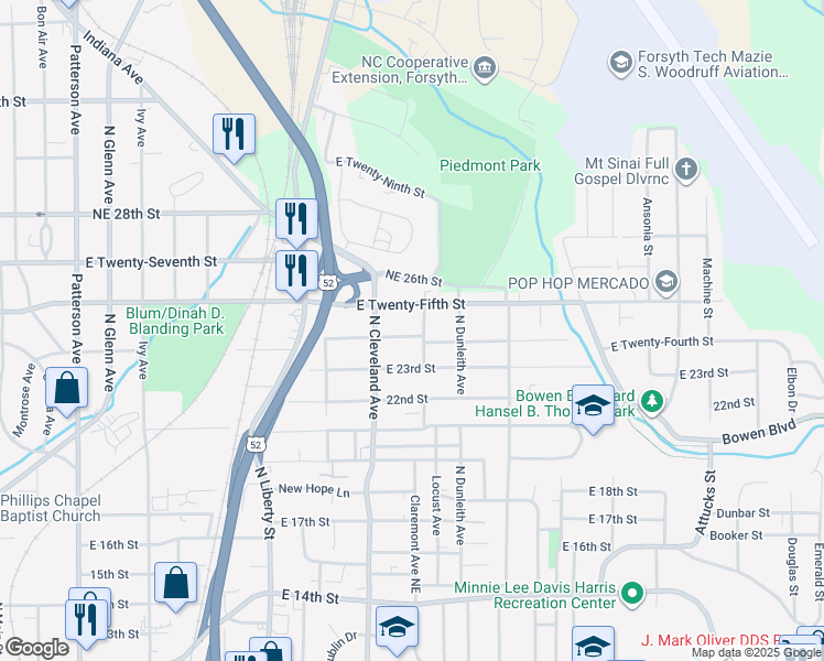 map of restaurants, bars, coffee shops, grocery stores, and more near 1231 24th Street Northeast in Winston-Salem