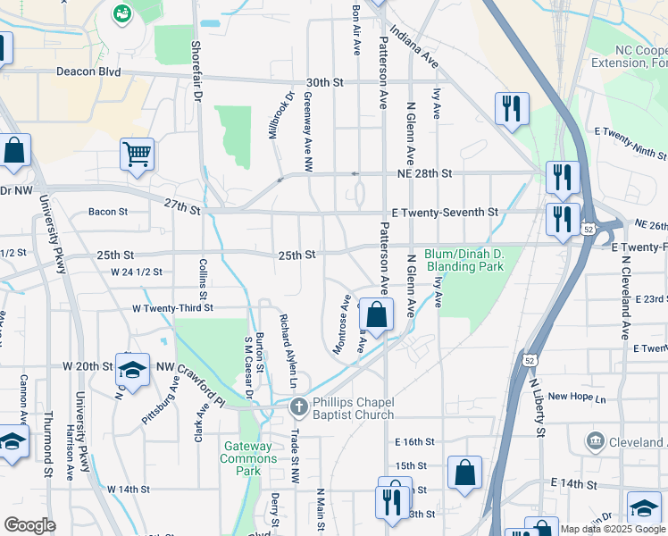 map of restaurants, bars, coffee shops, grocery stores, and more near 2413 Greenway Avenue Northwest in Winston-Salem