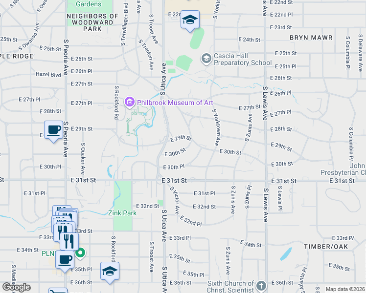 map of restaurants, bars, coffee shops, grocery stores, and more near 1744 East 29th Street in Tulsa