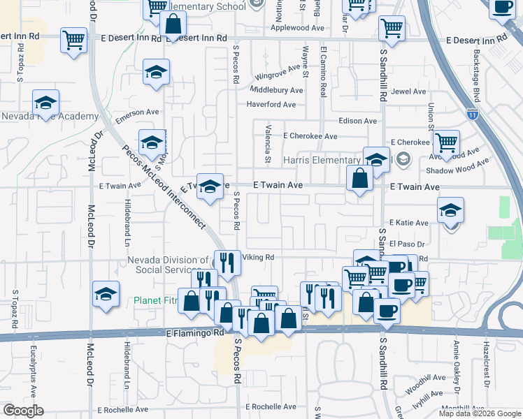 map of restaurants, bars, coffee shops, grocery stores, and more near 3768 Pilgrim Street in Las Vegas