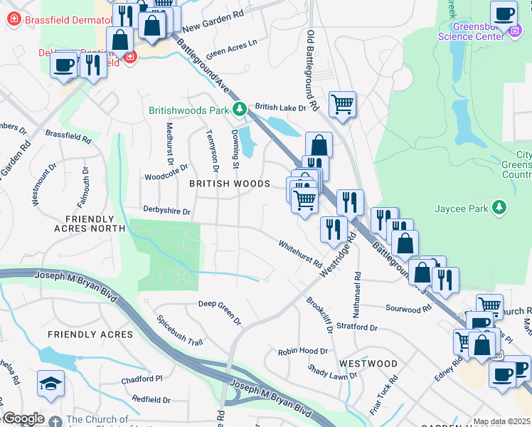map of restaurants, bars, coffee shops, grocery stores, and more near 1910 Shepherds Way in Greensboro