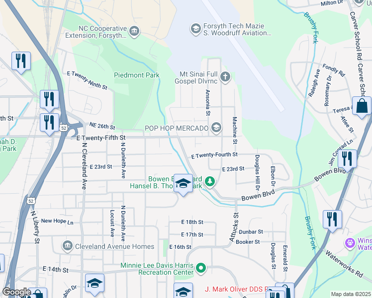 map of restaurants, bars, coffee shops, grocery stores, and more near 1925 Bowen Boulevard in Winston-Salem
