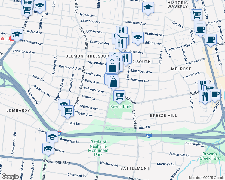map of restaurants, bars, coffee shops, grocery stores, and more near 2900 12th Ave S in Nashville