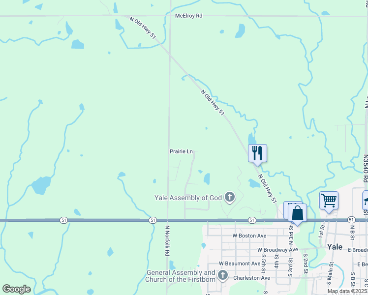 map of restaurants, bars, coffee shops, grocery stores, and more near 1122 Prairie Lane in Yale