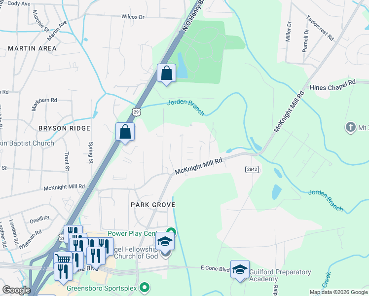 map of restaurants, bars, coffee shops, grocery stores, and more near 101 Windhill Court in Greensboro