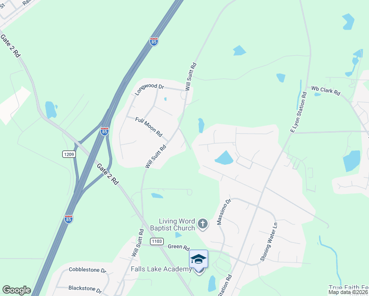 map of restaurants, bars, coffee shops, grocery stores, and more near 2078 Will Suitt Road in Creedmoor