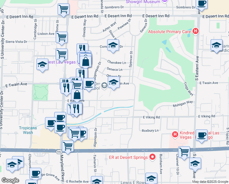 map of restaurants, bars, coffee shops, grocery stores, and more near 1562 East Katie Avenue in Las Vegas