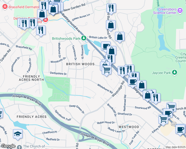 map of restaurants, bars, coffee shops, grocery stores, and more near 1910 Shepherds Way in Greensboro