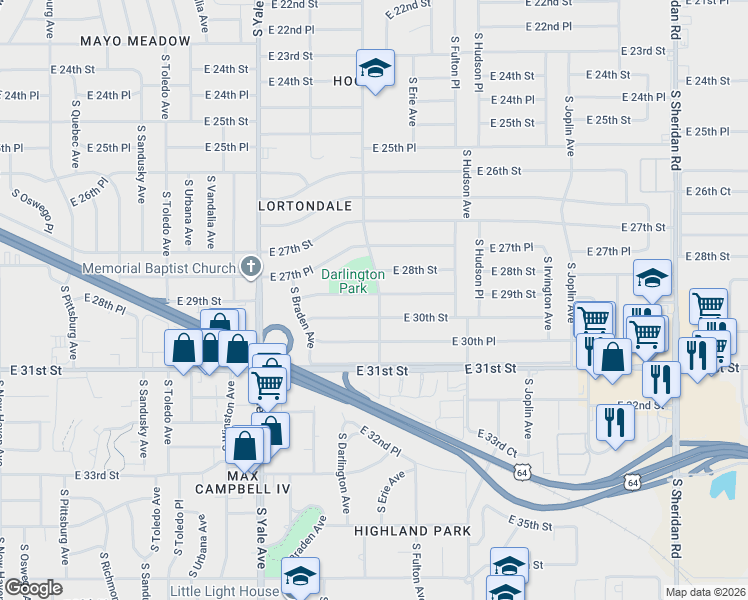 map of restaurants, bars, coffee shops, grocery stores, and more near 5180 East 29th Street in Tulsa