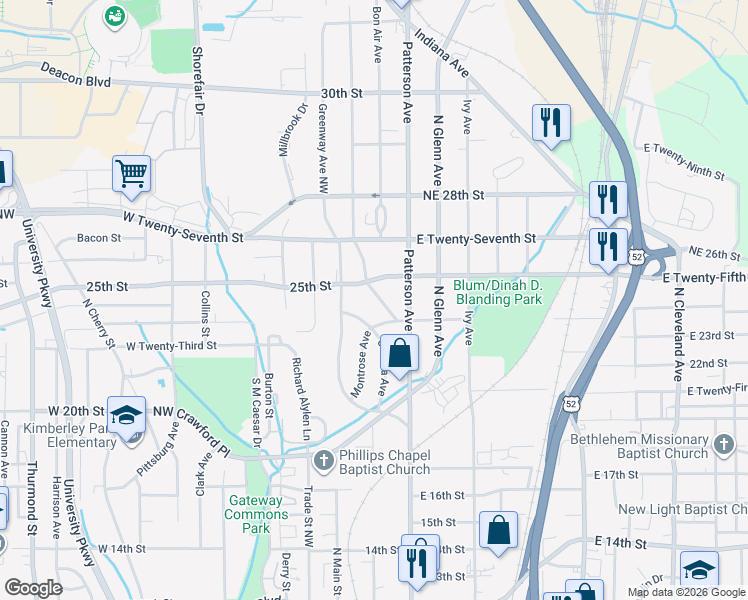 map of restaurants, bars, coffee shops, grocery stores, and more near 116 Northeast 25th Street in Winston-Salem