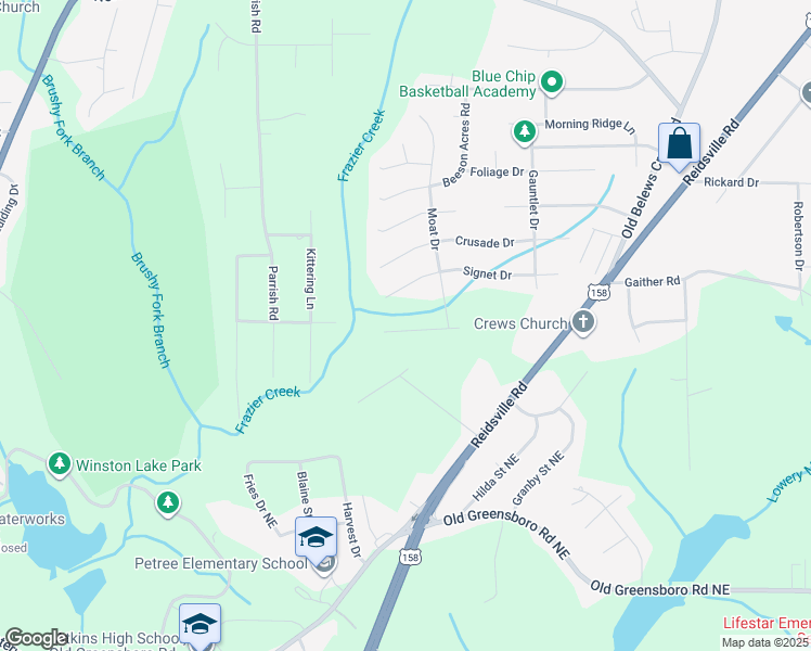 map of restaurants, bars, coffee shops, grocery stores, and more near 3617 Turret Court Northeast in Winston-Salem