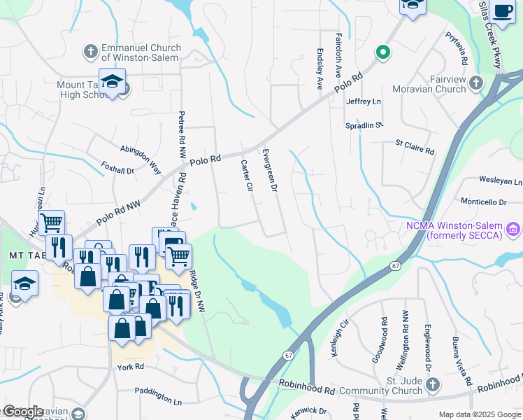 map of restaurants, bars, coffee shops, grocery stores, and more near 78 Carter Circle in Winston-Salem
