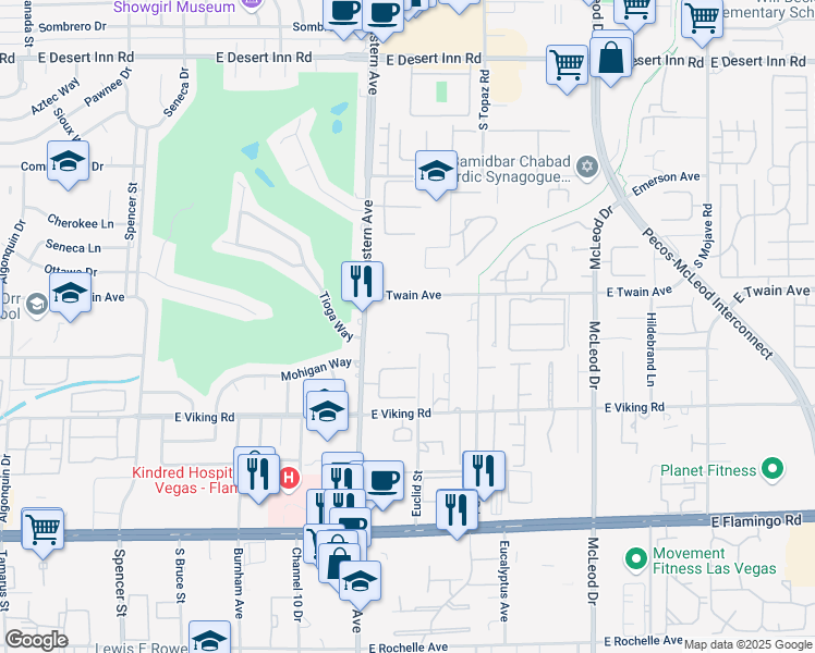 map of restaurants, bars, coffee shops, grocery stores, and more near 2465 East Twain Avenue in Las Vegas