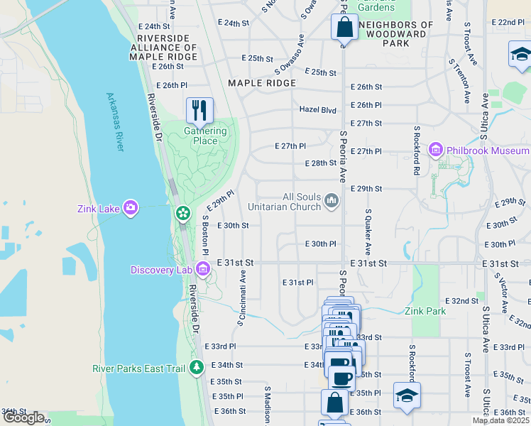 map of restaurants, bars, coffee shops, grocery stores, and more near 2939 South Detroit Avenue in Tulsa